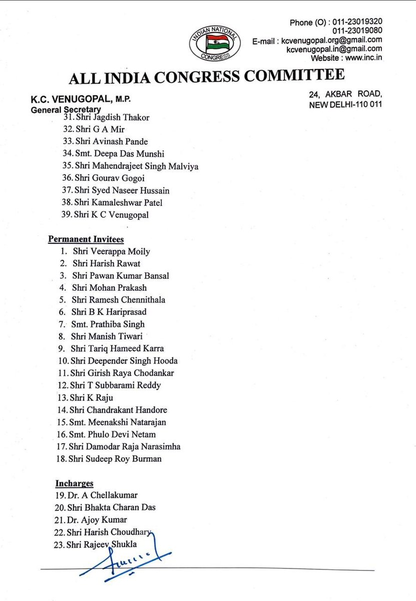 INCSandesh's tweet photo. Hon'ble Congress President Shri Mallikarjun Kharge has constituted the Congress Working Committee, as mentioned below: https://t.co/CaH3fomhol