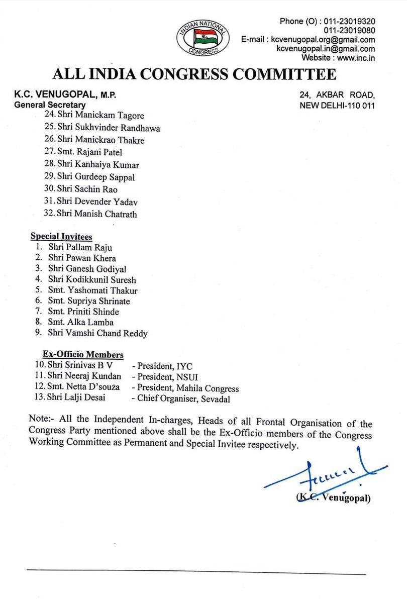 INCSandesh's tweet photo. Hon'ble Congress President Shri Mallikarjun Kharge has constituted the Congress Working Committee, as mentioned below: https://t.co/CaH3fomhol