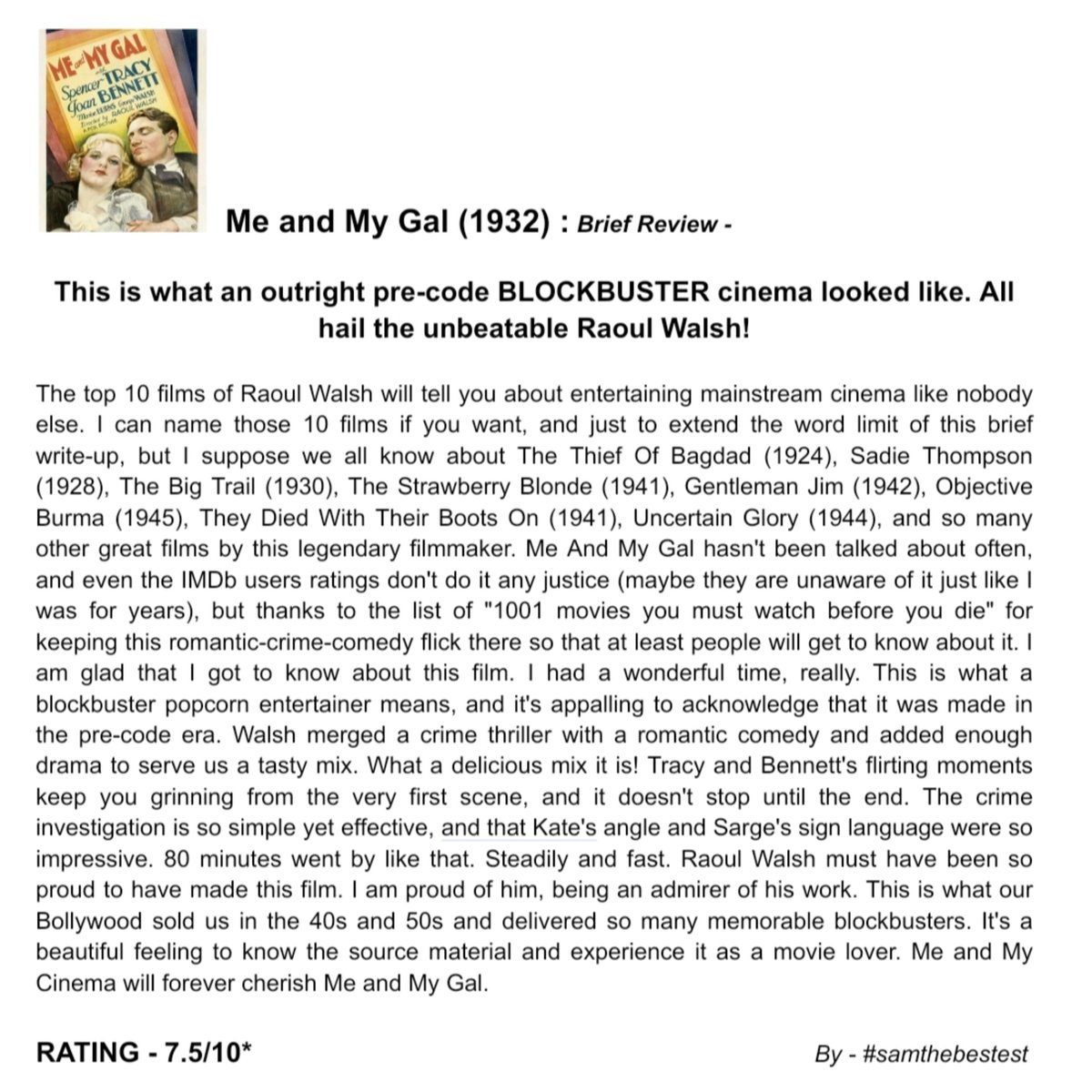SAMTHEBESTEST_'s tweet photo. Watched #MeAndMyGal (1932) :

This is what an outright pre-code BLOCKBUSTER cinema looked like. All hail the unbeatable Raoul Walsh!

RATING - 7.5/10*

#RaoulWalsh #SpencerTracy #JoanBennett #MarionBurns #GeorgeWalsh #NoelMadison #JFarrellMacDonald #HenryBWalthall #OldHollywood https://t.co/0aedbgNEZf