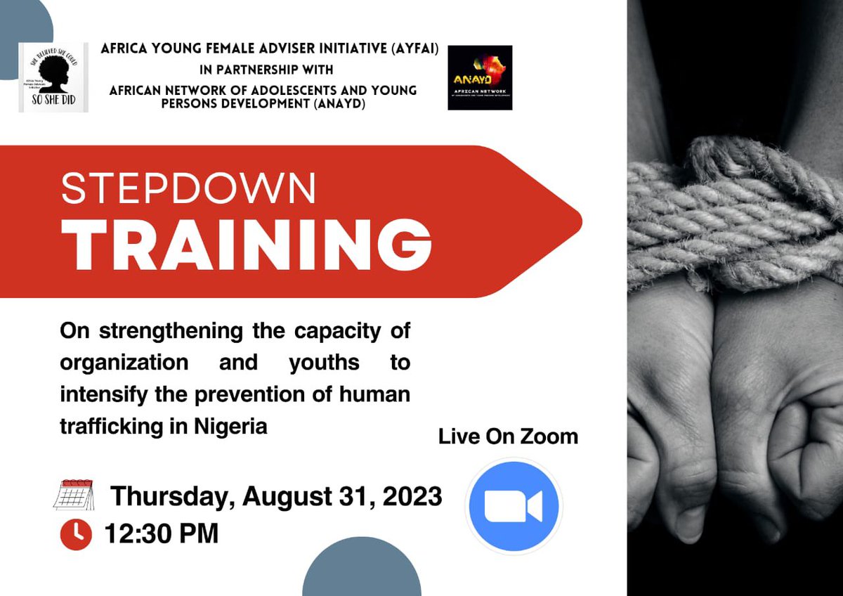 Join @ANAYD_Africa &amp; @AYFAI for a stepdown Training on Empowering Nigeria: Strengthening Organizations &amp; Youth to Combat Human Trafficking. 🇳🇬 Together, we're building a stronger front against this global issue. 💪 #EndHumanTrafficking #NigeriaYouthEmpowerment #PreventionEfforts