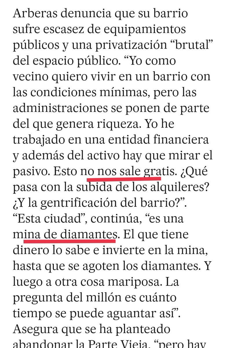 jonpagola's tweet image. EL País leyéndole la cartilla al ayuntamiento de Donostia por la turistificación masiva de la Parte Vieja. Lo que cuenta Xabier Arberas, vecino del barrio y foco de resistencia, es triste y demoledor. 

Me quedo con una frase suya: "Esta ciudad es como una mina de diamantes".
