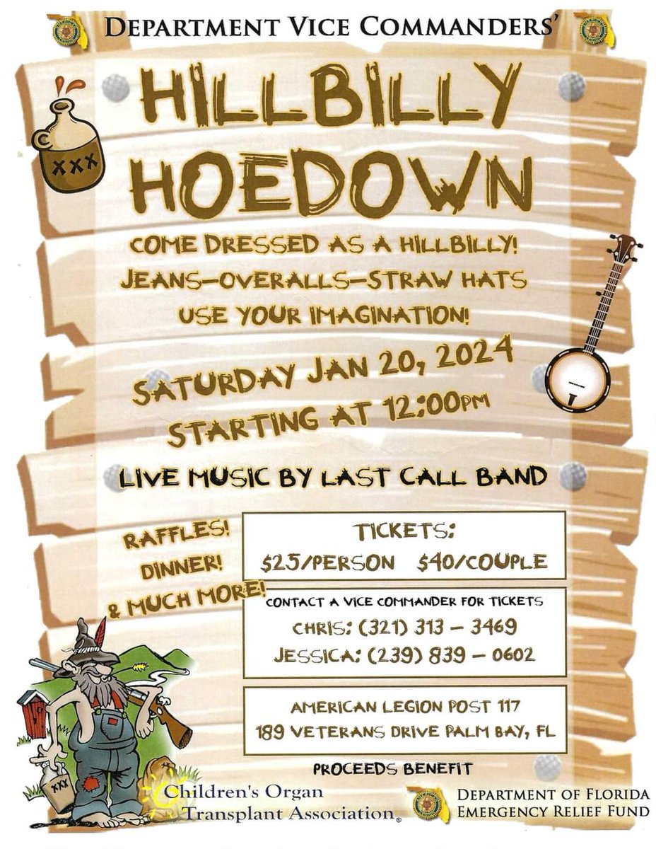 Saturday, Jan. 20, 2024, 
@AmericanLegion
@FloridaLegion Vice Commanders are hosting Hillbilly Hoedown. Proceeds to benefit @COTA_ORG and Department of Florida Emergency Relief Fund.
#ProudToBeLegion
facebook.com/events/s/hillb…