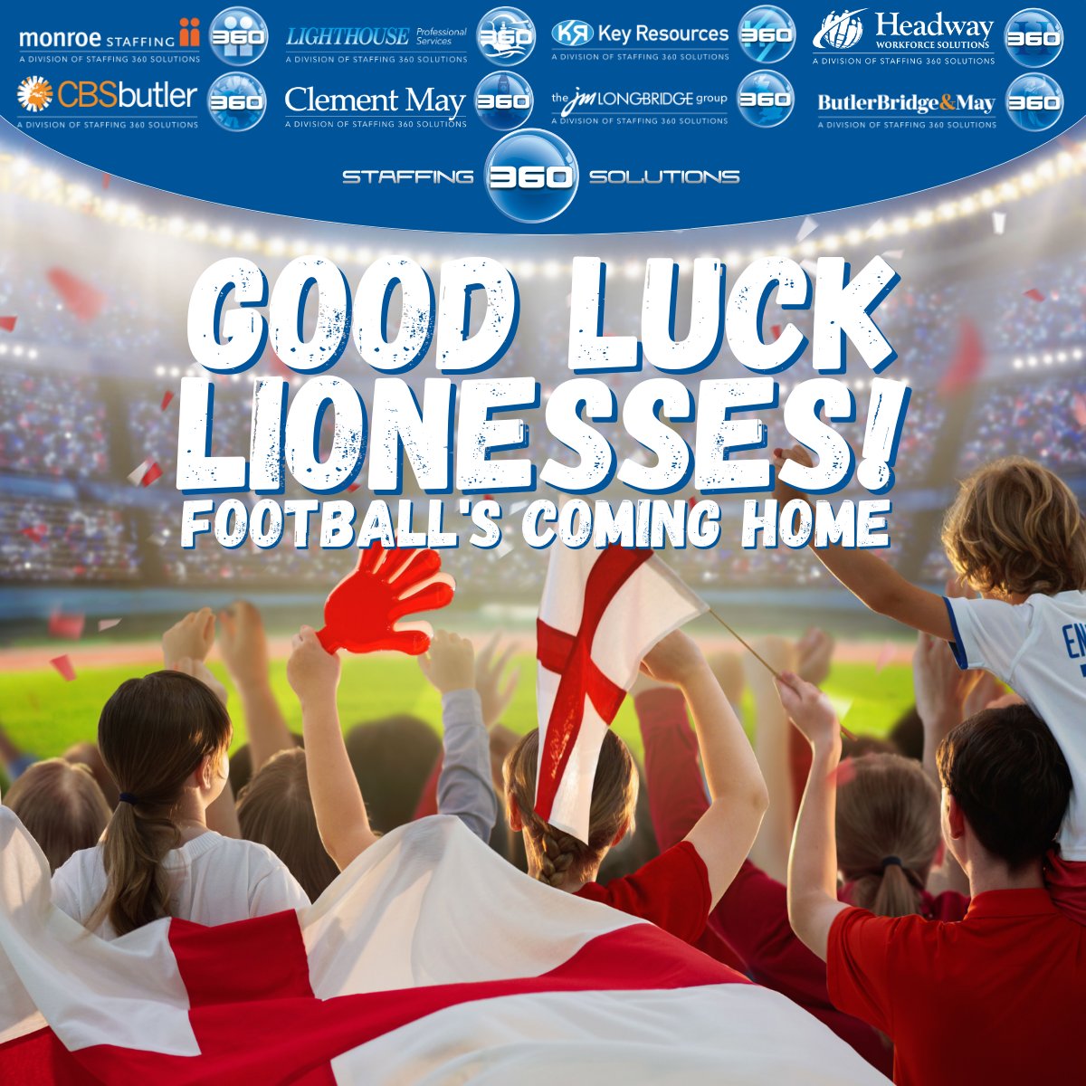 Staffing360's tweet photo. 🦁 Good luck to the Lionesses in today’s World Cup Final versus Spain. 🏆

⚽You have done every England fan proud so far in this tournament, now is the time to bring football home! ⚽

#GoodLuck #Lionesses #WorldCup #Final #Football’sComingHome https://t.co/aEn7waw5mW