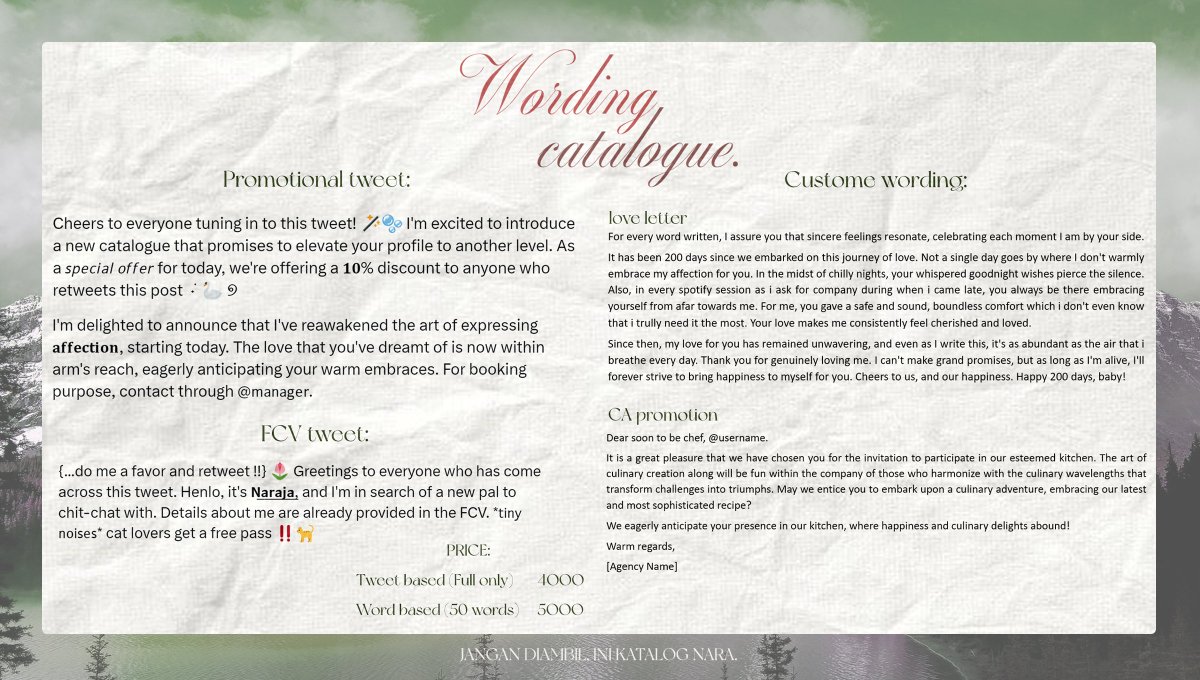 zenesites's tweet photo. Greetings to everyone! I hereby announced that @zenesites is now 𝗮𝘃𝗮𝗶𝗹𝗮𝗯𝗹𝗲 to assist you in giving a wording for everything. As a 𝘴𝘱𝘦𝘤𝘪𝘢𝘭 𝘰𝘧𝘧𝘦𝘳 for today, a 𝟏𝟎% discount awaits all those who choose to retweet this post. ˖ׄ 💚

#zonaba #zonauang BA wording. https://t.co/1Azw3UfLmI