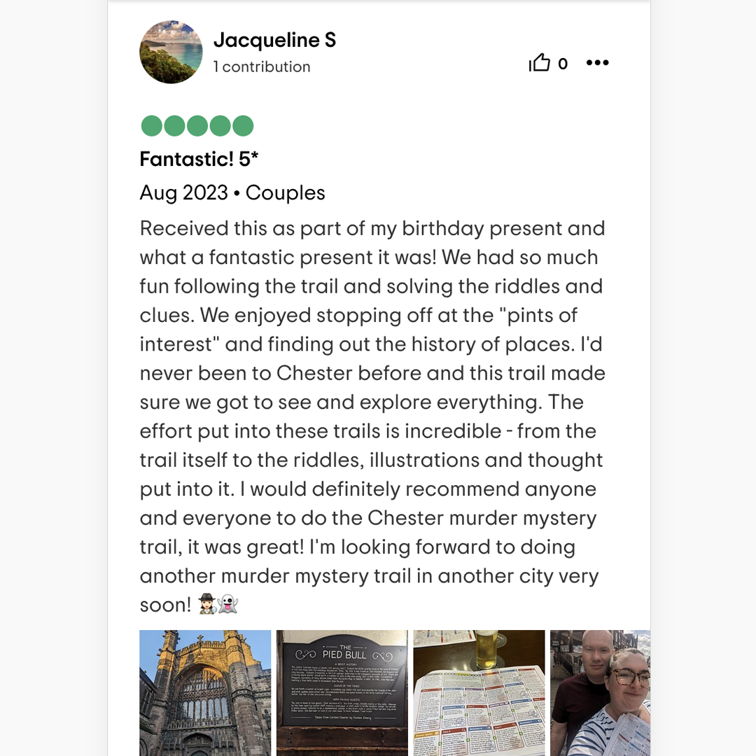 KillerTrails's tweet photo. This is why I do it. 🫶

Thank you so much for taking the time to leave such a nice review! I'm really chuffed you guys had such a great day out. 😁🕵️👻

Jacqueline is on the case. 👊

#killertrails #murdermystery #murdermysterytrail #treasurehunt #scavengerhunt #visitchester https://t.co/zUC2XSySlL