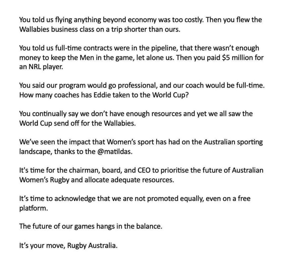 Collectively the <a href="/WallaroosRugby/">Wallaroos</a> players  have issued the below statement, asking for more from their union. 

Don’t underestimate how brave this is, when players speak out publicly it’s often the last resort. 

Women’s sport has so much untapped potential.