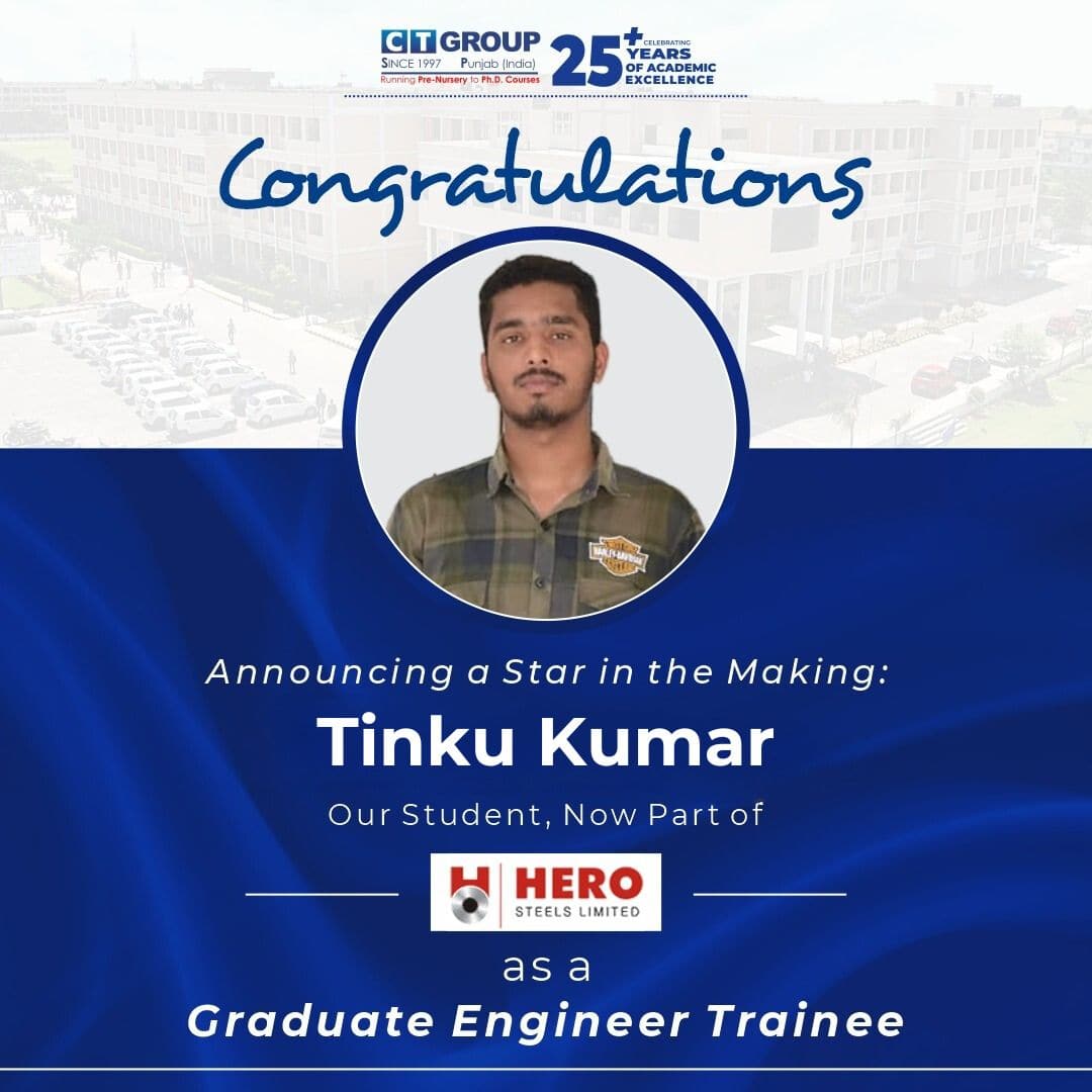 🌟💫Writing Success Stories: Congratulations to Tinu Kumar, Our Newest Graduate Engineer Trainee at Hero Steels! 🌟💫 #CTGroup #bestcollege #placement #bestplacement #SuccessStory #herosteel #shahpur #southcampus