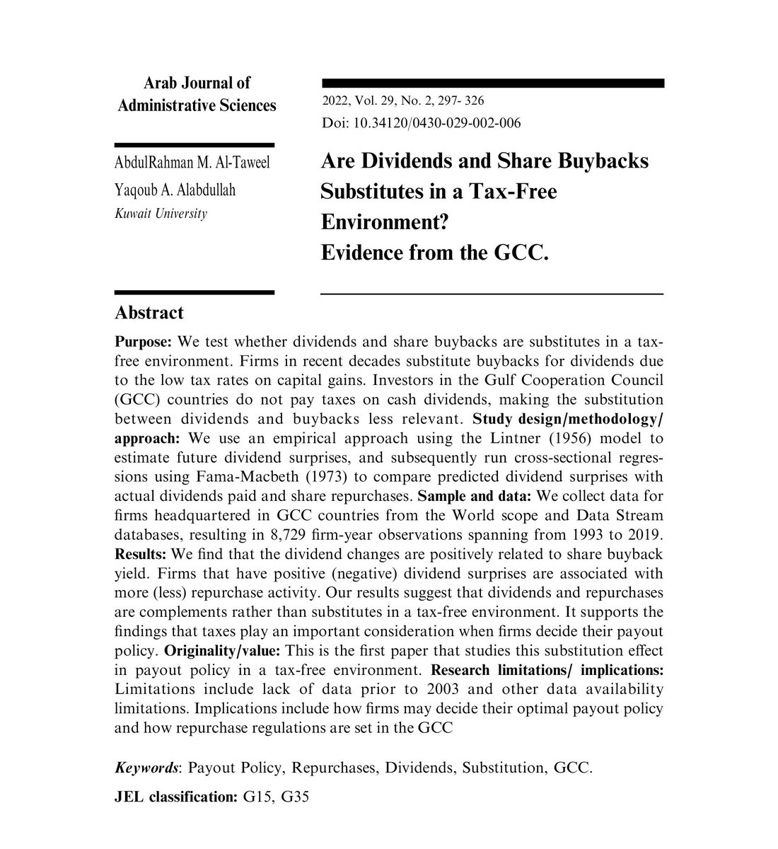 Are Dividends and Share Buybacks Substitutes in a Tax-Free Environment? Evidence from the GCC,  AbdulRahman M. Al-Taweel and Yaqoub A. Alabdullah