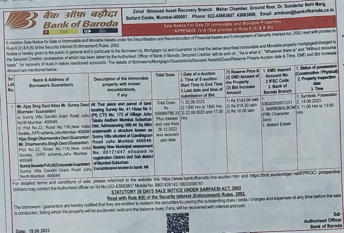 Sunny Deol's Villa on e-Auction Sale.