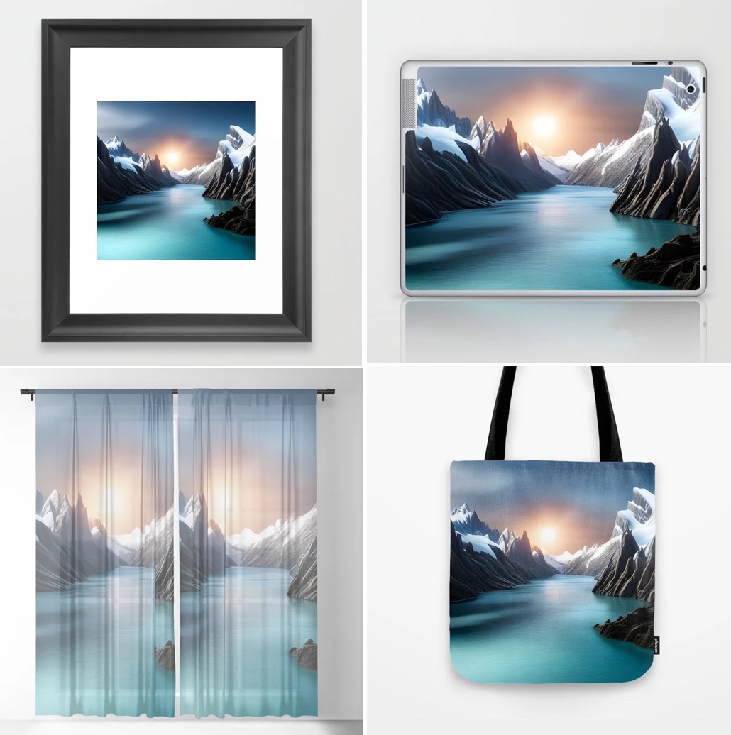 <#Ice #Mountains #Sunset> #AICreation on #ArtPrint #Laptopskin #SheerCurtain #ToteBag on my #society6 shop

society6.com/art/ice-mounta…

#AIart #AIartist #digitalart #AIdesign #menclothes #womenclothes #homedecor #landscape #waterreflection #iphonecase #babyandkids #bedandbath #bag