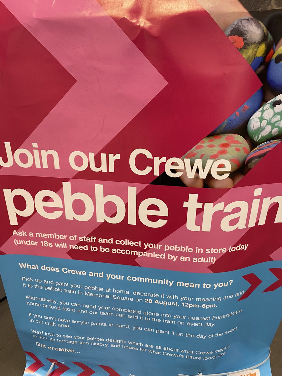 In honour of the event, get yourself in to a local Coop and grab a pebble. Decorate the pebble and then drop it back in to your local food/funeral branch or bring it on the day. Once collected, they will be transformed in to a train for everyone to see! <a href="/coopuk/">Co-op</a> @CreweCoop