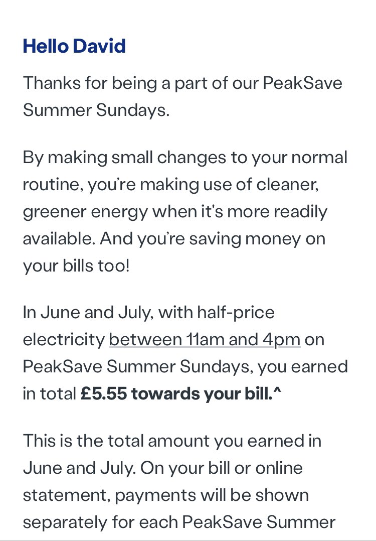 Thank you British Gas, so please to have taken part in PeakSave Summer Sundays initiative for the past 2 months to have saved £5.55 towards my next bill 🙌 

So generous of you to look after your customers like this, hope it doesn’t have an impact on the BILLIONS of profit 😜