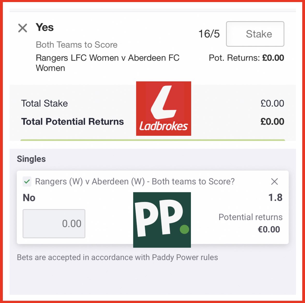 SureWinSyn's tweet image. This is just one of the dozens of risk free bets around the clock on our page. 
Stake £50 on Ladbrokes and £117 pound on Paddy Power for £210 returns on both outcomes !! A £43 profit 👀 click the link above now!!