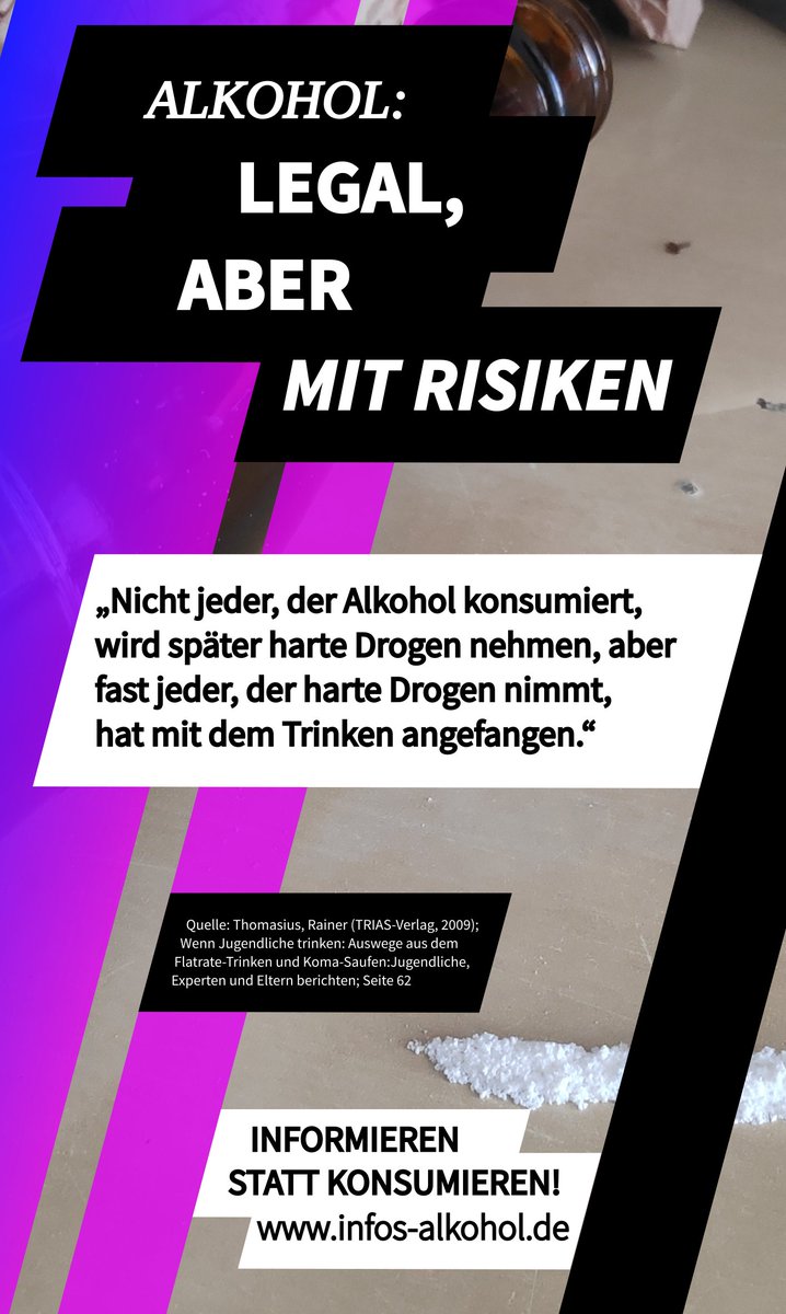 Die Einstiegsdroge #Alkohol führt zum Konsum harter Drogen.

#Alkohol ist eine der gefährlichsten #Drogen. Die Bundesregierung muss Verantwortung übernehmen!

#Jugendschutz bei Alkohol heißt zurzeit Verkauf von Alkohol an Jugendliche ist erlaubt (§ 9 JuSchG Abs. 1).