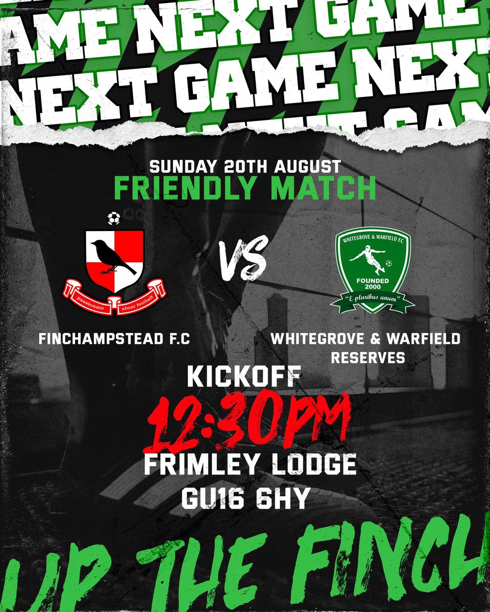 It’s Game Day!!!

The lads are in action again today against new opposition! Looking to continue the good form from recent weeks and pick up a first win in pre season!

#UPTHEFINCH 🟢⚫️