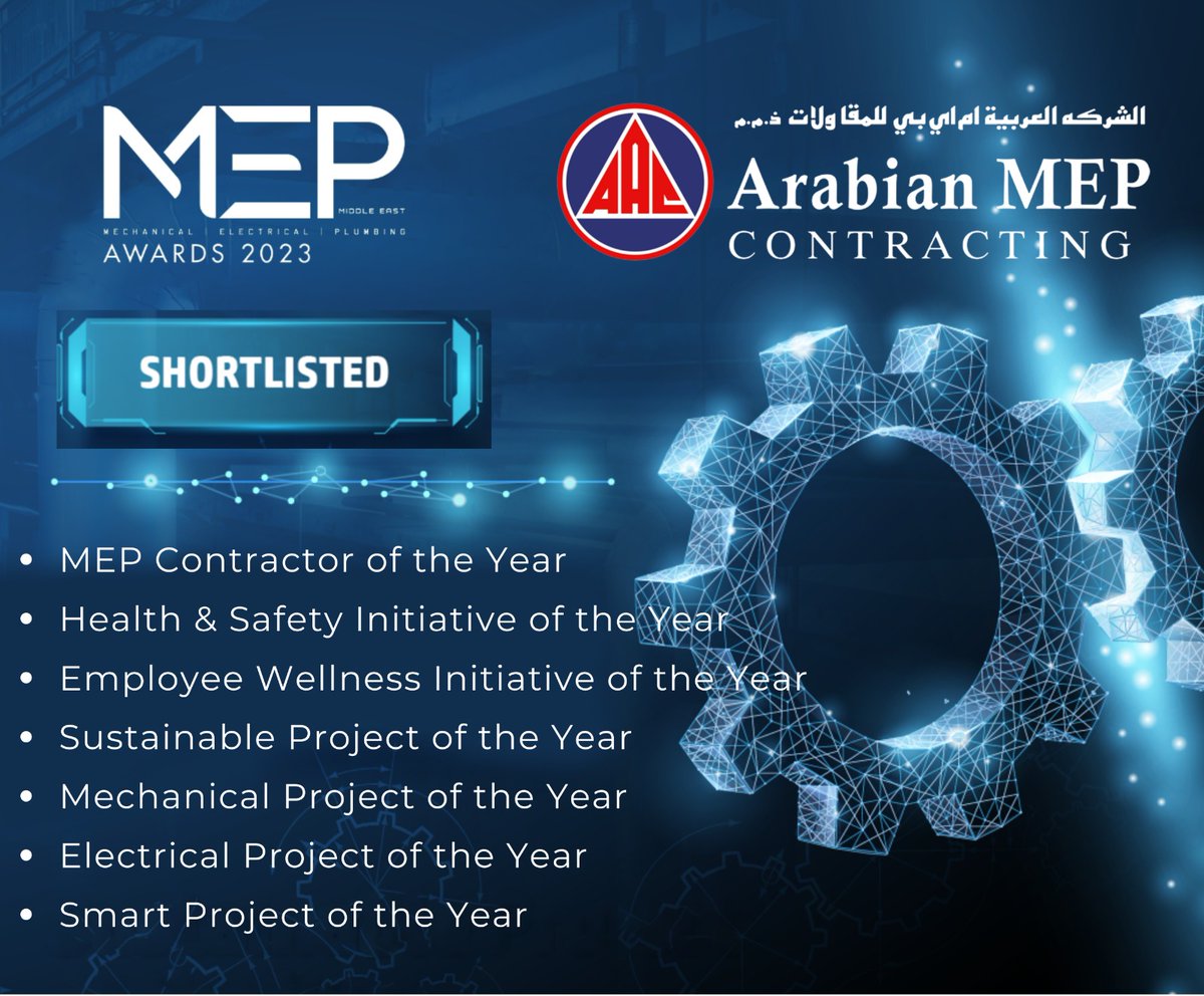 ArabianMEPQatar's tweet photo. We are proud to be shortlisted for 7 awards at the upcoming MEP Middle East (ITP) Awards 2023. It honors the top performers in the industry, including individuals, businesses, projects, and processes.
 
Winners will be revealed on 21 Sep 2023. All the very best to the AMEP Team. https://t.co/WlxUSVbSZJ