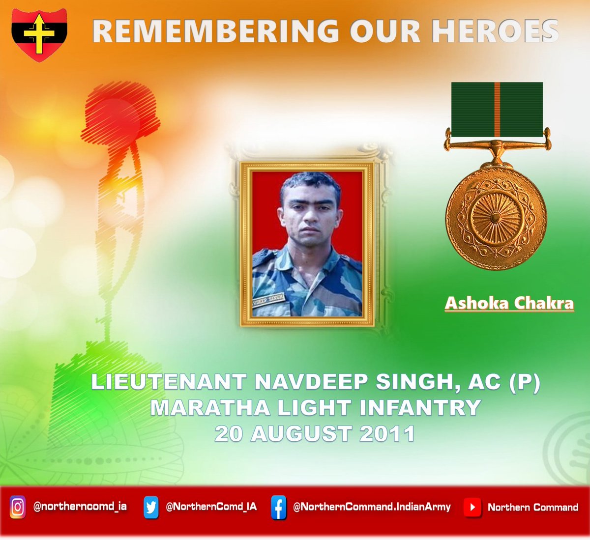 20 August 2011

#Jammu&Kashmir

Lt. Navdeep Singh, while leading the #operation against the terrorists, traced their possible route, #ambushed and killed the terrorists. Posthumously awarded #AshokChakra for indomitable bravery & conspicuous #courage .

#RememberAndNeverForget