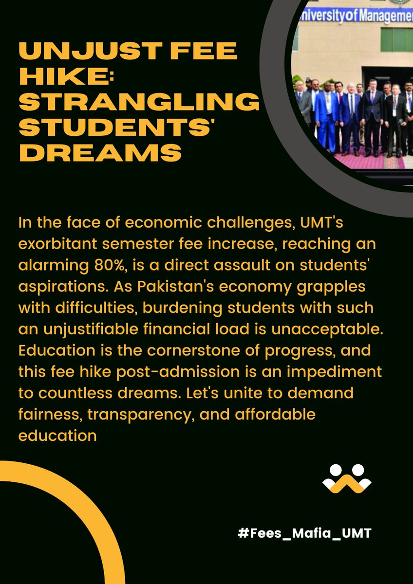 M_GulHamza28's tweet photo. "🚫 Unjustified fee hikes at UMT are leaving students in the lurch! Education should empower, not burden. It's time to stand up against this injustice and demand fair treatment for all. Let's raise our voices for affordable education! 📢🎓 
#Fees_Mafia_UMT https://t.co/eO0SMrpjZk