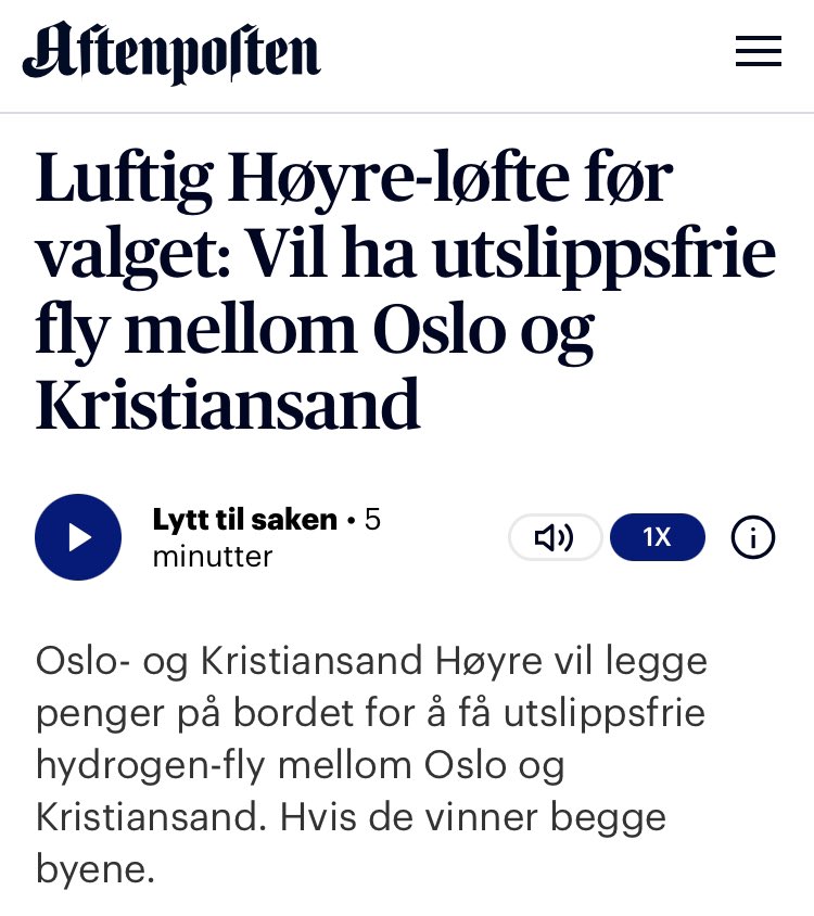 Hvordan ikke nå klimamål: 

Satse på noe vi ikke har (utslippsfrie fly), i stedet for det vi allerede har (utslippsfrie tog) 

Dessuten er det ganske unødvendig å fly til Kristiansand. Skjerp dere, Høyre!