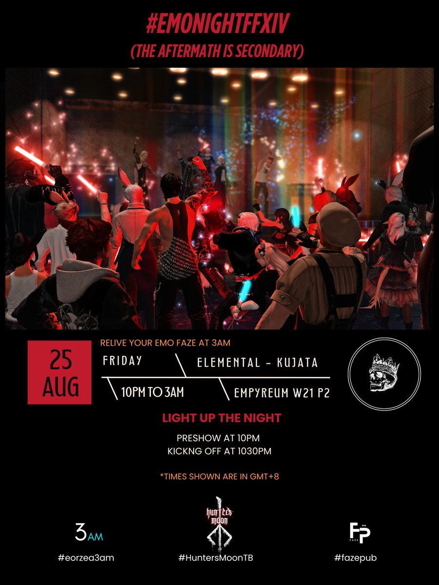#emonightffxiv: The Aftermath Is Secondary

Light up the night with us this Friday, 25 August!
For more info: emonightffxiv.carrd.co

SEE YA THEN 🤘

♦️#eorzea3am ♦️#huntersmoonTB
♦️#fazepub ♦️#ElementalDC