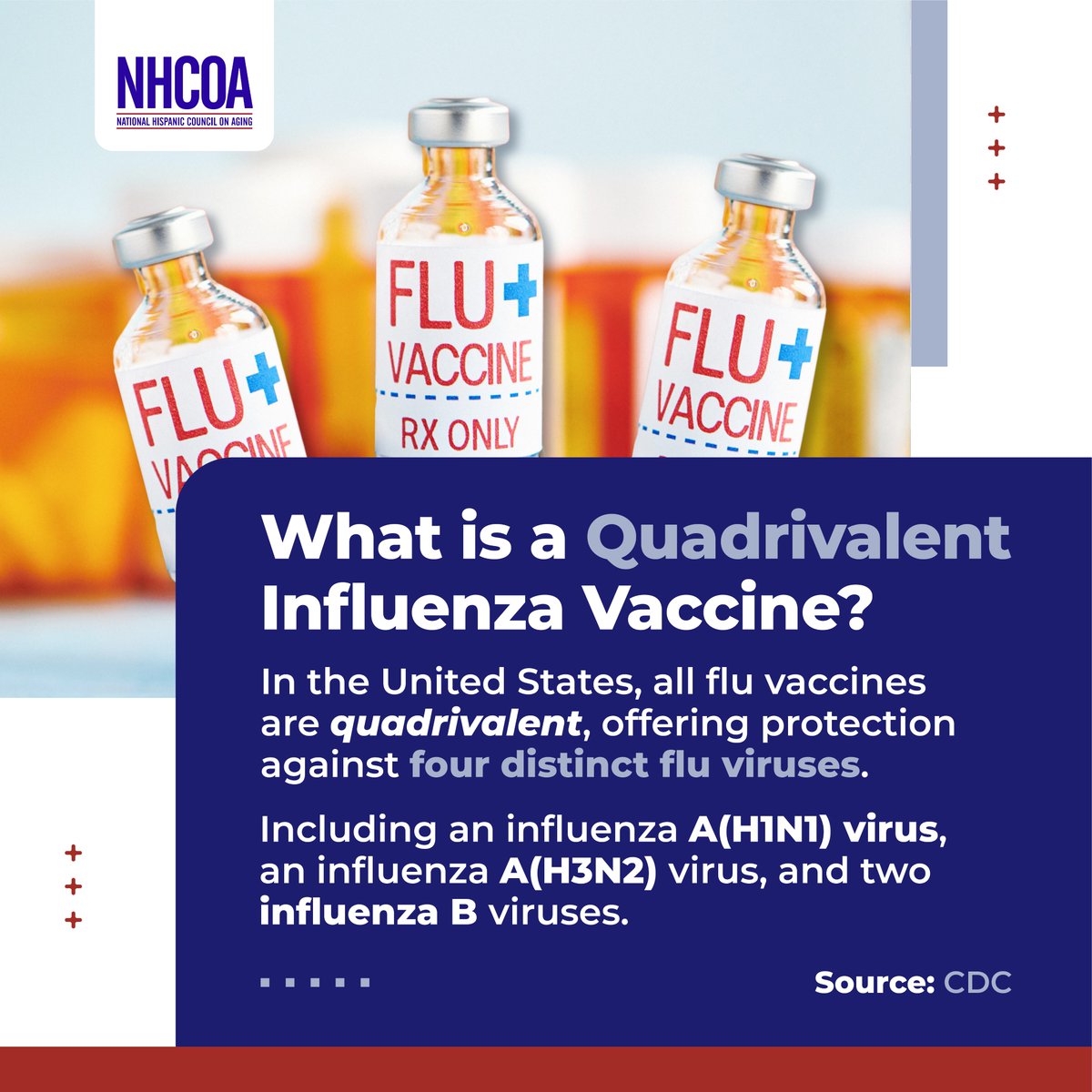 NHCOA's tweet photo. #FightFlu | For many years, #flu vaccines were designed to protect against only three different flu viruses.
However, now all vaccines available in the US are #quadrivalent, providing broader protection against circulating flu viruses.
Get your #FluShot and stay protected! https://t.co/btLEqMd59C