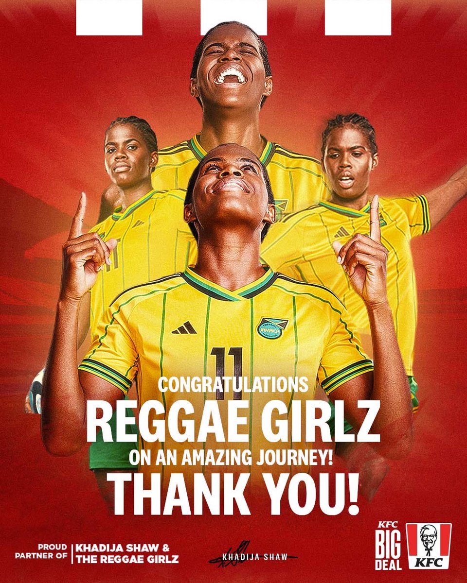 kfcjamaica's tweet image. WHAT A TOURNAMENT FOR OUR BIG SIDE!!!!🇯🇲🇯🇲🇯🇲🇯🇲 What a spectacular FIFA World Cup journey this has been for Khadija Shaw and the Reggae Girlz!!!🇯🇲🇯🇲🇯🇲🇯🇲🇯🇲

#KFC #KFCJamaica #FIFAWWC2023 #KhadijaShaw #BunnyShaw #ReggaeGirlz #WWC2023 #BigDeal