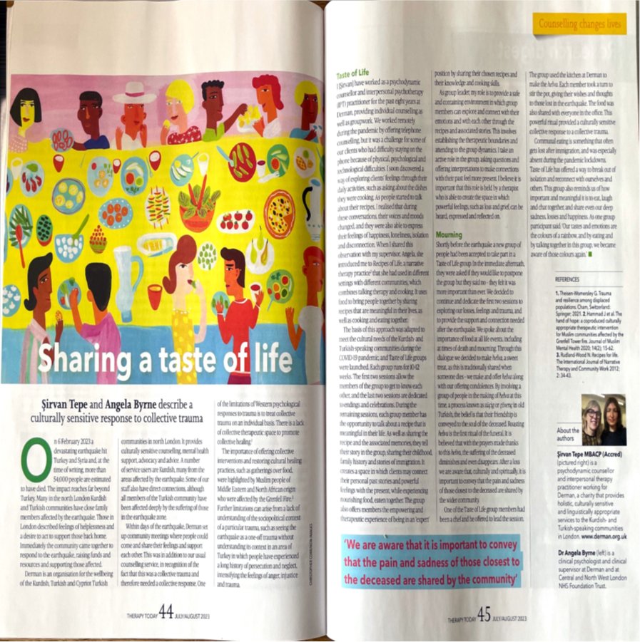 Celebrating a remarkable achievement as Sirvan Tepe and Angela Byrne, whose impactful work on "culturally sensitive response to collective trauma" graces this month's Therapy Today Journal pages! 📚🌟 #SharingATasteOfLife #TherapyTodayTriumphs
#therapytoday