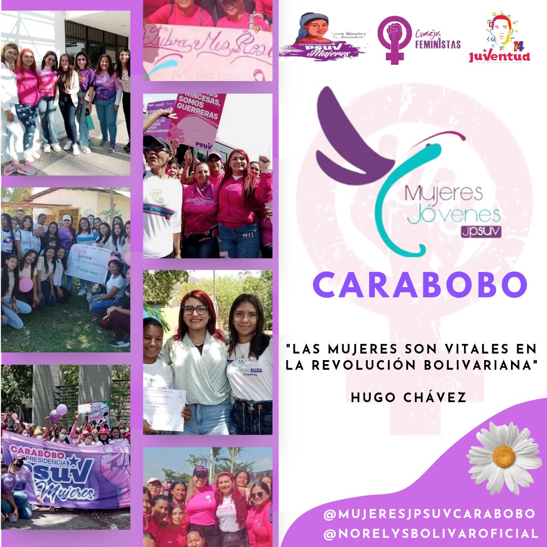 Somos parte de lo bueno 🌻 Las Mujeres Jóvenes de la @JuventudPSUV en #Carabobo seguimos avanzando con las Banderas del Socialismo y el Feminismo junto a nuestro Pdte @NicolasMaduro y el Gob @rafaellacava10 🇻🇪💜 @d_guzmanl @dcabellor @PartidoPSUV #VozDeVenezuelaEnBrasil