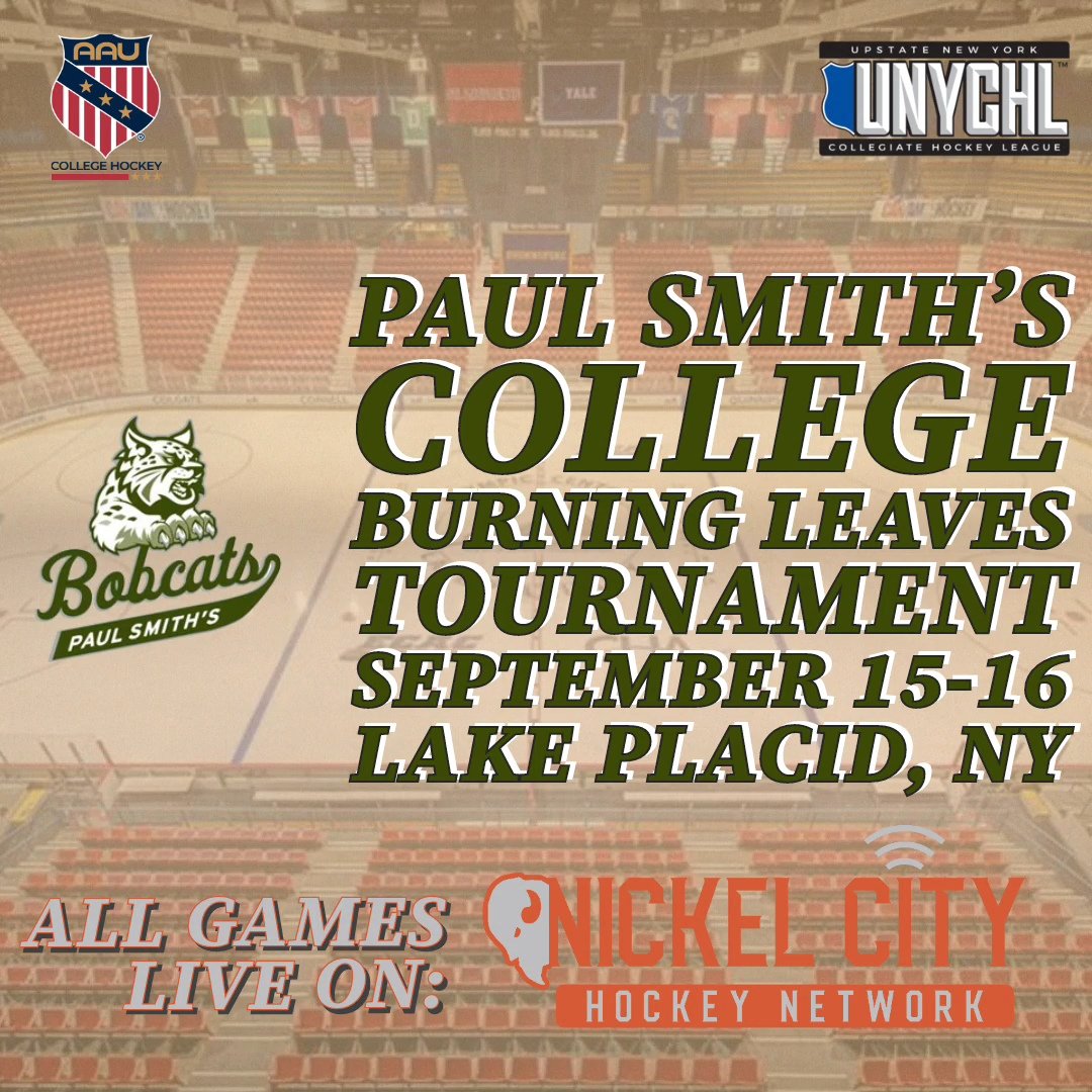 NickelCityHN's tweet photo. Eight @AAUCollegeHoc teams meet in Lake Placid next month for the Burning Leaves Tournament hosted by @paulsmiths

Nickel City Hockey Network is proud to announce we will broadcast all eight games September 15-16

Watch live and subscription-free at https://t.co/dL9lJFePWV https://t.co/f5mANdz2dd