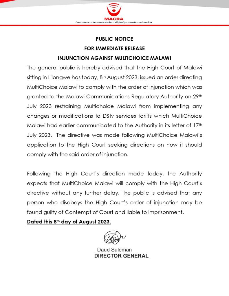 Latest update on the injunction against MultiChoice Malawi