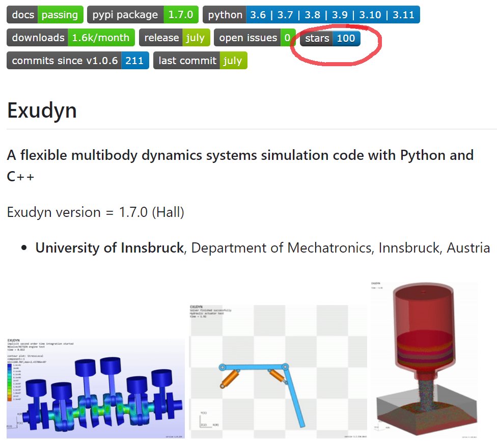 RExudyn's tweet photo. Just saw that #Exudyn @RExudyn reached 100 likes on Github: https://t.co/3tcGygUhbr. That may sound little, it's a lot for a small community in #MultibodyDynamics. And it even means even more to us, as Github stars are used to judge whether a code is read by GPTs or not. https://t.co/cwB72FHMsH