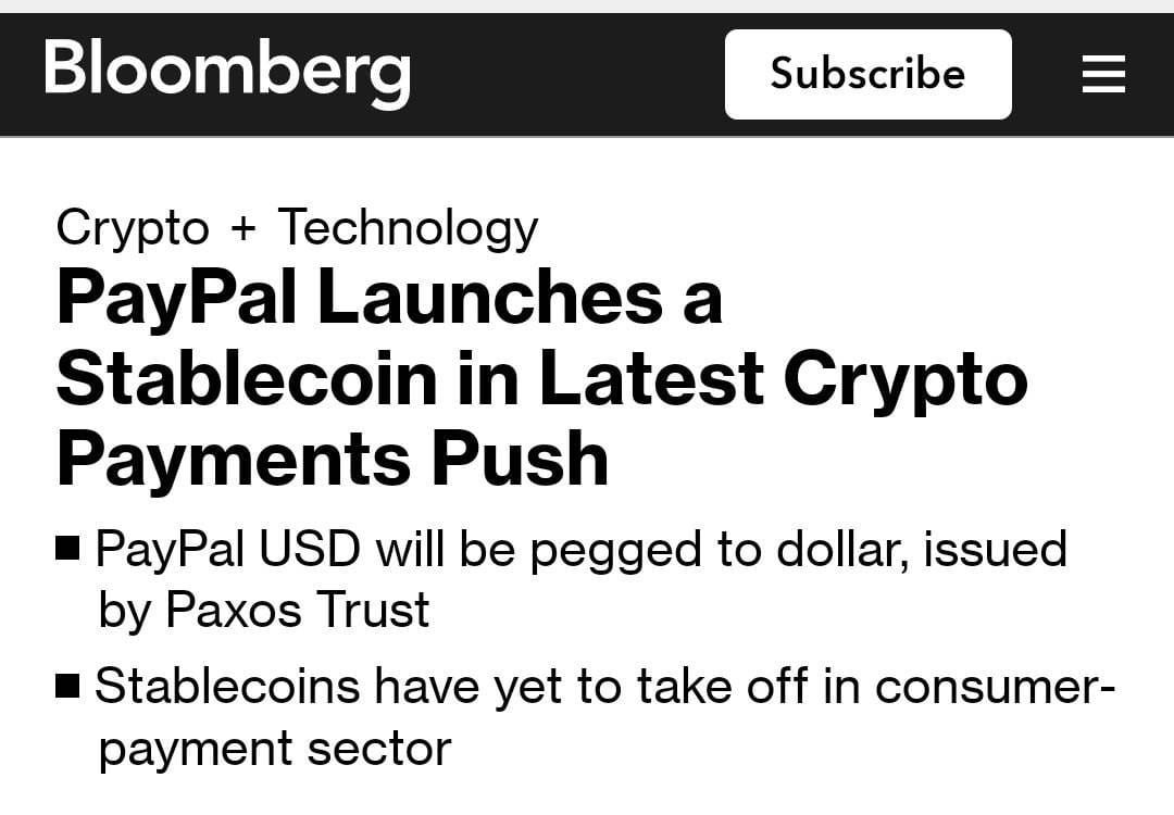 cryptogee001's tweet photo. PayPal Launches a Stablecoin in Latest Crypto Payments Push https://t.co/9ovb2cASnD