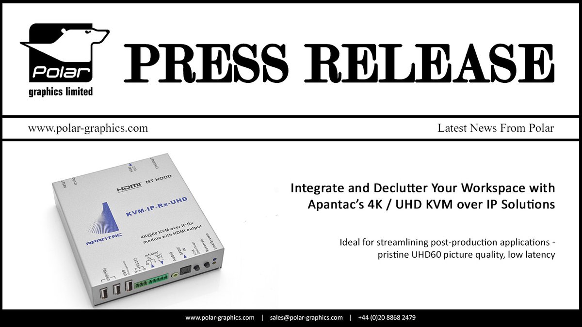 NEW Press Release 📢
Integrate and Declutter Your Workspace; <a href="/apantacllc/">Apantac</a>  has expanded its KVM over IP extension/matrix solutions with two new sets that now support 4K/UHD 60 over a managed GigE network.

Link: polar-graphics.com/press-release-…

#PressRelease #KVM #IP #Video #4H #UHD