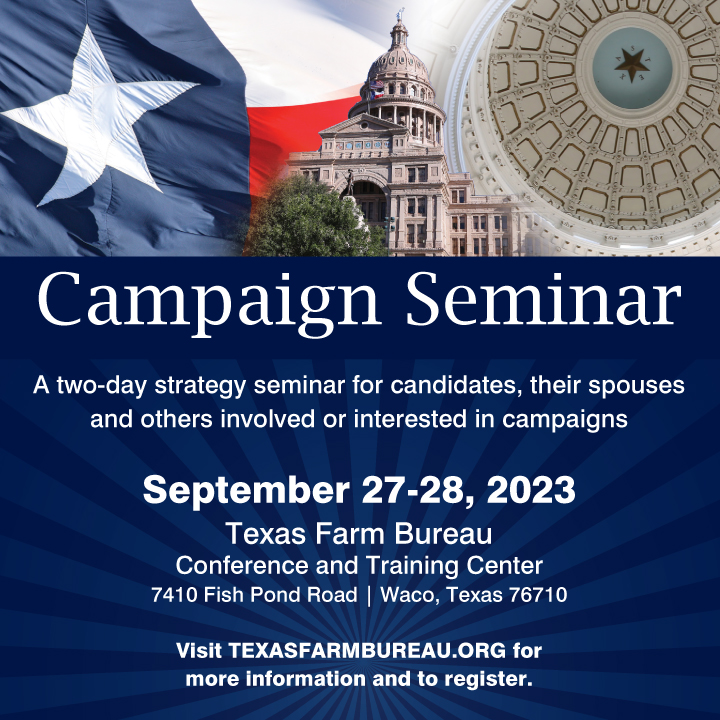 TexasFarmBureau's tweet photo. School board. Commissioners court. Political office. Any of those interest you?

Then sign up for our Campaign Seminar. We’ll walk you through the process!

Details: https://t.co/tBKRxcD2VJ

Register by Aug. 25: https://t.co/R07cDQdcUU https://t.co/a26oJbEUGj