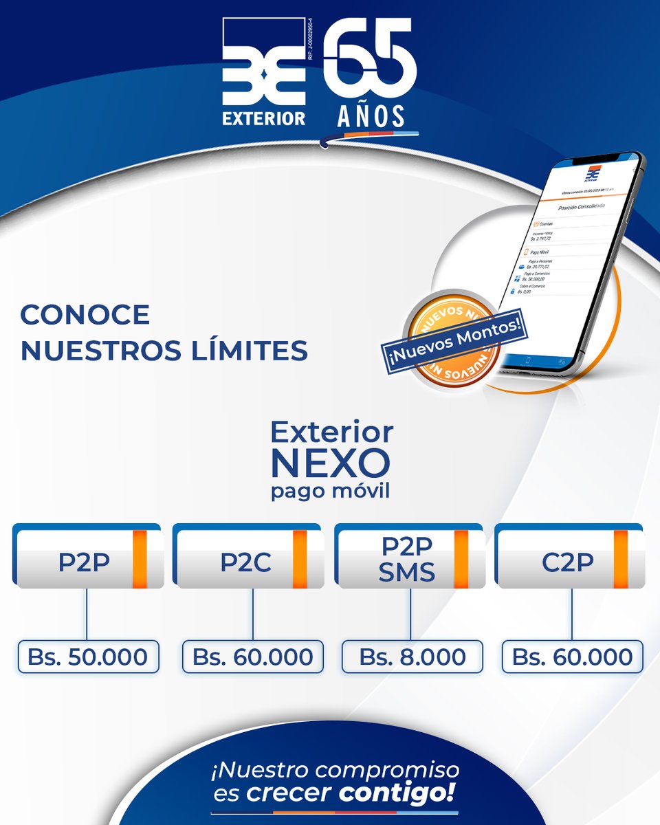 BancoExterior's tweet photo. ¡Conoce nuestros límites de pago móvil!   

Realiza tus transacciones de manera inmediata y con total disponibilidad 24/7.  

Ingresa aquí para disfrutar de las nuevas funciones de la APP Exterior NEXO pago móvil: https://t.co/jD58jPPkHH 

#BancoExterior #PagoMóvil https://t.co/XcSj2cDTGm