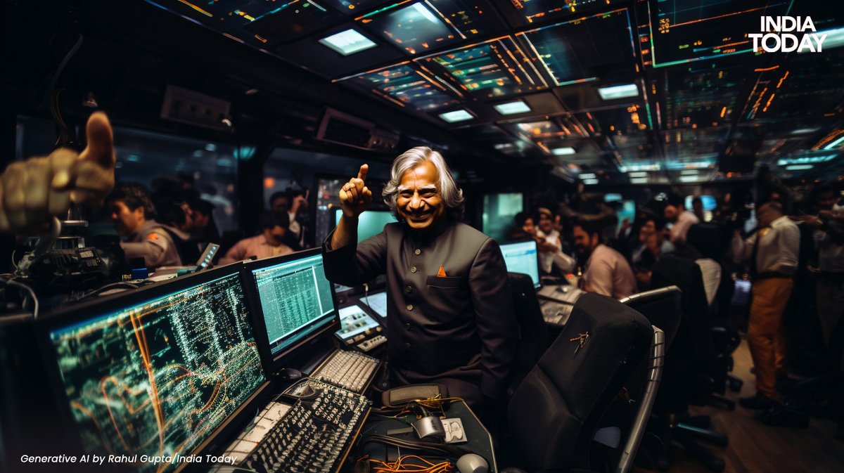 IndiaToday's tweet photo. In a moving tribute, AI imagines former president APJ Abdul Kalam, Vikram Sarabhai, and Satish Dhawan rejoicing as Chandrayaan-3 lands on the Moon. These images showcase the legacies of the brilliant scientists who set the foundation of the Indian space program
Courtesy: @rgrahul06 
#AIImages #Chandrayaan3 #Moon #Isro