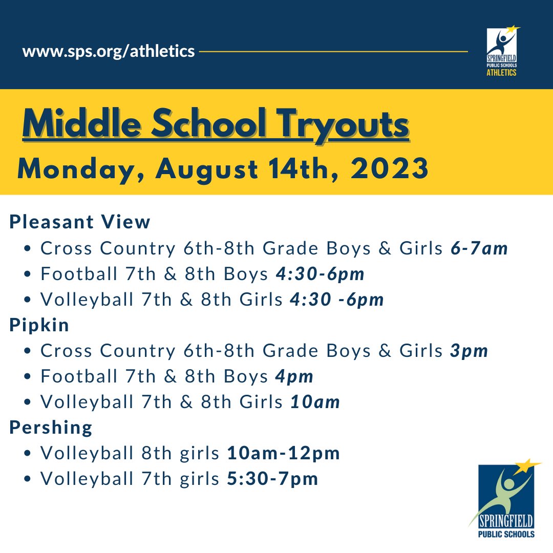 SPS Middle School Tryouts Fall 2023!
🏃🏈🏐
<a href="/PViewSPS/">Pleasant View School</a>
<a href="/PipkinR12/">Pipkin Middle School</a>
<a href="/PershingSPS/">Pershing School</a> 

*More to be announced*