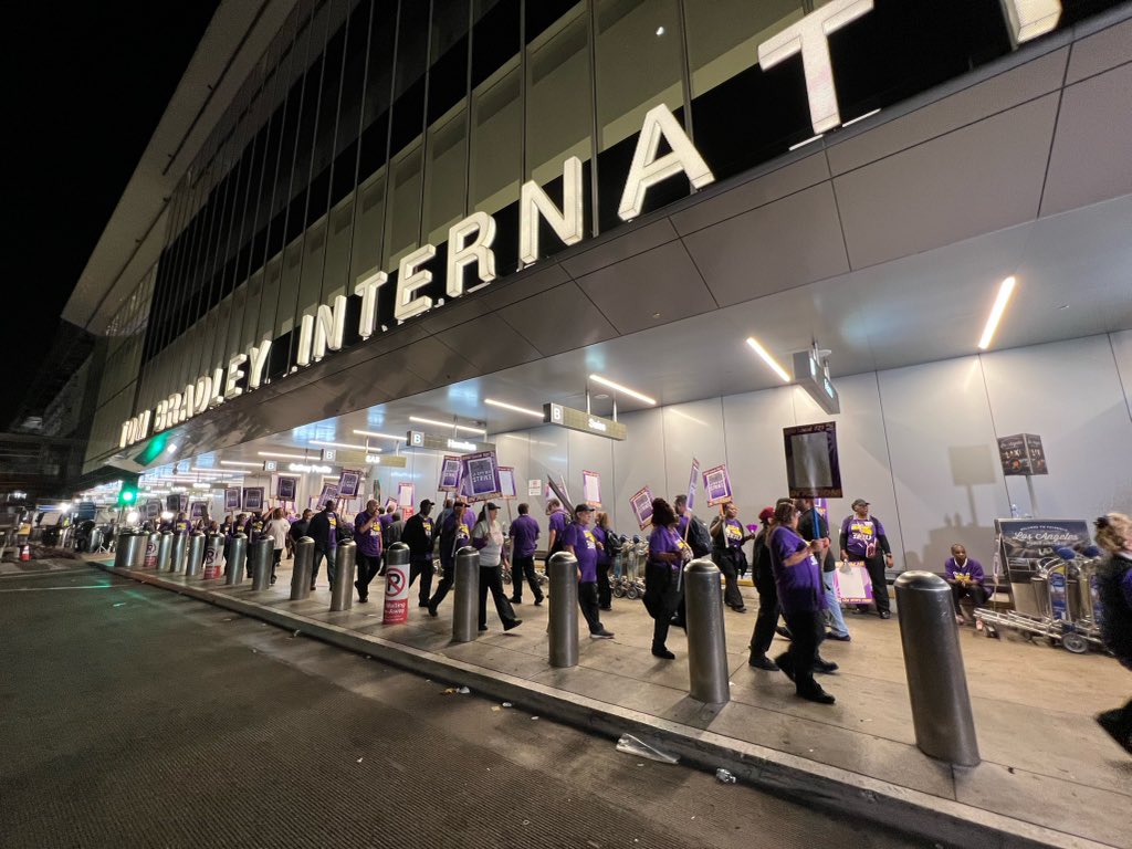 <a href="/SEIU/">SEIU</a> Hundreds of LA City workers are striking in front of the International Terminal at LAX, where we’ve been picketing since midnight. 

Our demands are simple: respect us by negotiating in good faith. #HotLaborSummer