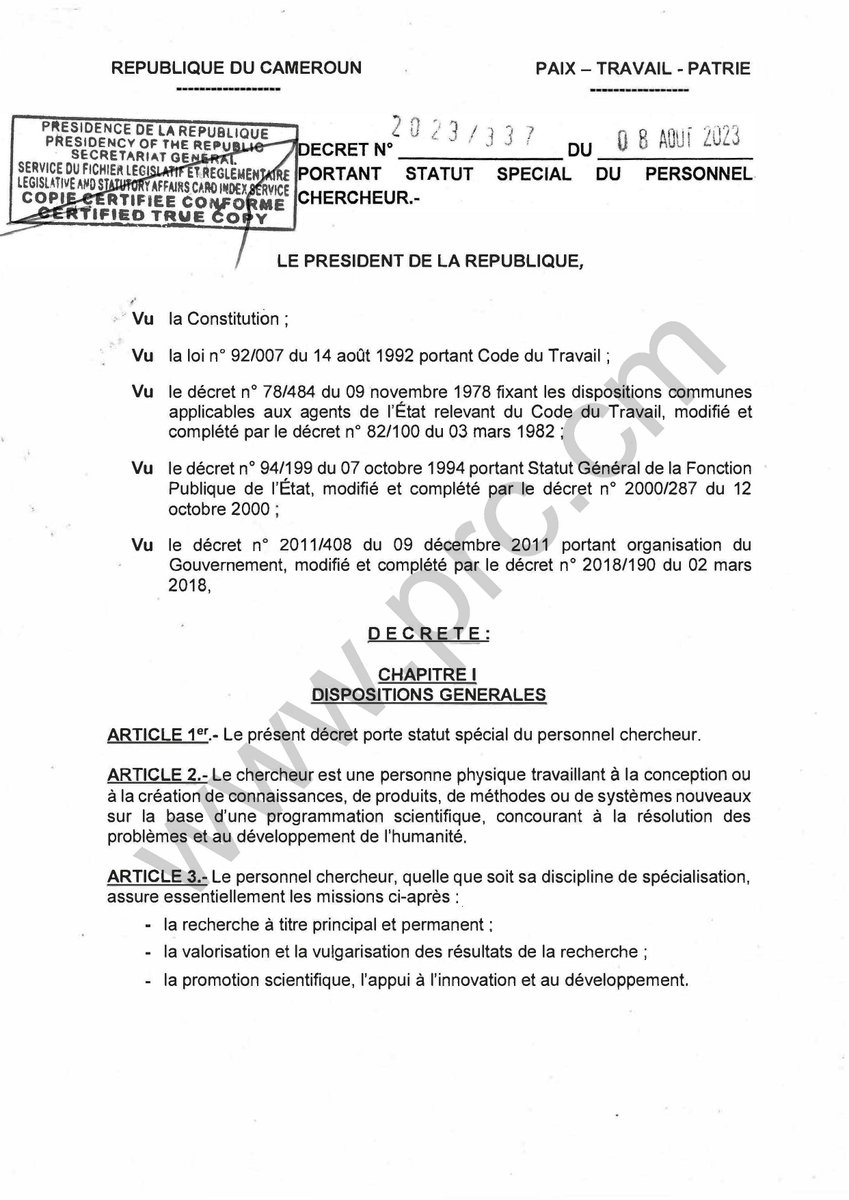 Décret portant statut spécial du personnel chercheur.

L'intégralité du texte: bit.ly/3Qvn0Ic

#PaulBiya
#Cameroun
