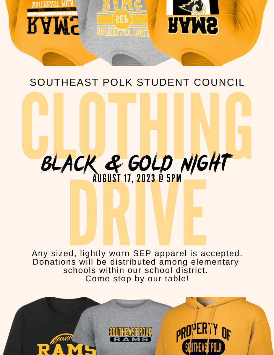 📢CALLING ALL SEP FANS📢

We are hosting another clothing drive this year at Black and Gold night! Any items would be greatly appreciated. 

Feel free to reach out with any questions!

Go Rams!!🐏