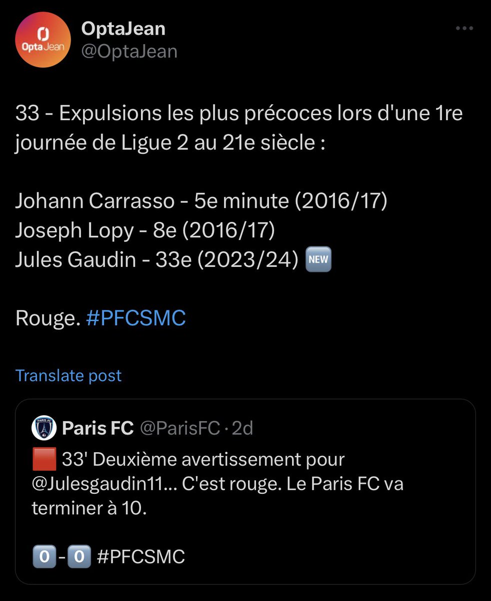 arrakis27's tweet photo. Tout juste arrivé de Guingamp après une saison convaincante dans les Côtes d’Armor, Jules Gaudin est titulaire dans le couloir gauche pour son 1er match avec l’ambitieux Paris FC. Un match qui restera dans les annales.

1’25 : Carton Jaune 
33’ : 2e Carton Jaune, expulsion https://t.co/rFIYYk5J0E