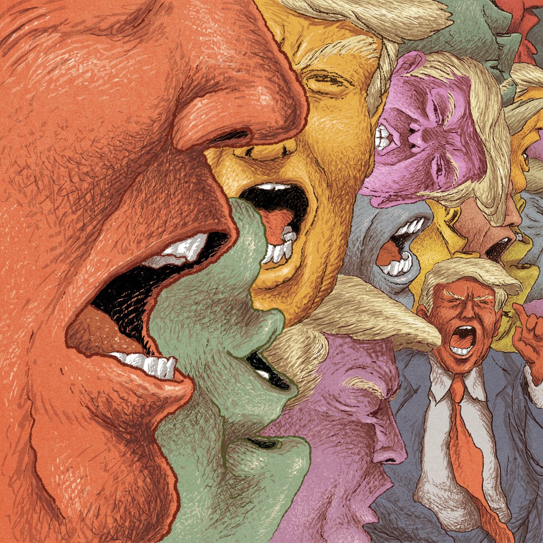 ChrisWKim's tweet photo. Illustration for Sunday's @nytopinion about Trump and how “prosecutors will soon run up against the epistemological challenges of explaining and convicting a man whose behavior defies and undermines the structures and logic of civic life”. Thanks so much to AD Shoshana! https://t.co/197PmBe2fW