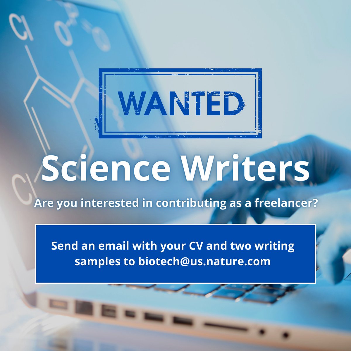 Are you interested in contributing as a Science Writer freelancer for Nature Biotechnology?
If you have a knack for writing about science and are particularly intrigued by the latest developments in biotechnology, this could be your chance to shine! <a href="/NatureBiotech/">Nature Biotechnology</a> is searching