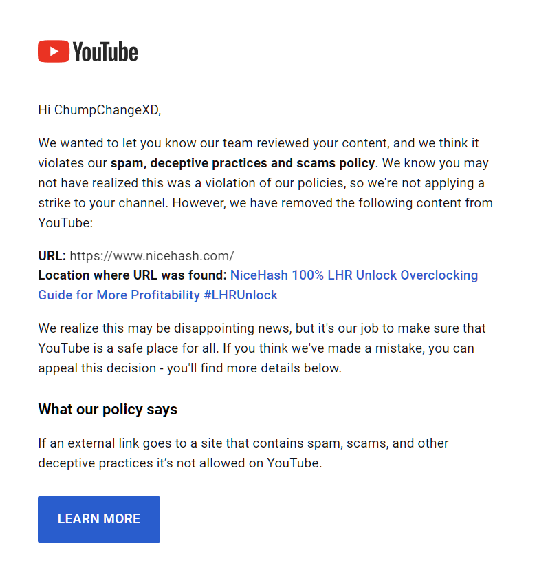 ChumpXd's tweet photo. Here we go @NiceHashMining... @YouTube is starting to sensor Crypto Content Creators AGAIN... I am not the only one who got this SAME email last night. 

The bans are about to start again... 

Dissapointing to say the least... Atleast we know the Bullrun is starting😋 https://t.co/ixgIk0QjPO