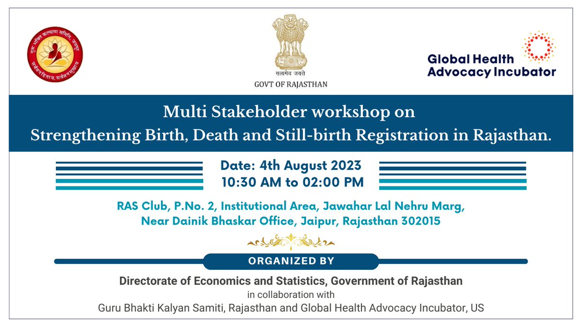 IncubatorGHAI's tweet photo. On August 4th GHAI, the Govt. of Rajasthan, and Guru Bhakti Kalyan Samiti held a workshop on #CRVS in the state of Rajasthan. Rajasthan recently celebrated the issuing of the first birth certificate for a transgender person. We congratulate the entire team for this policy win. https://t.co/IvoVx3al3V