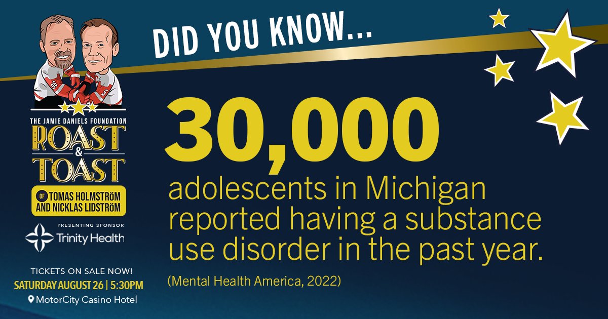 JDanielsFund's tweet photo. Substance use disorder often develops during adolescence – making it a significant threat to youth. Join us, 8/26, for the Celebrity Roast &amp; Toast of Tomas Holmström and Nicklas Lidström at @MotorCityCasino. Grab your tickets before it’s too late! https://t.co/kEWsj12HGR https://t.co/7QeYrYDIvp
