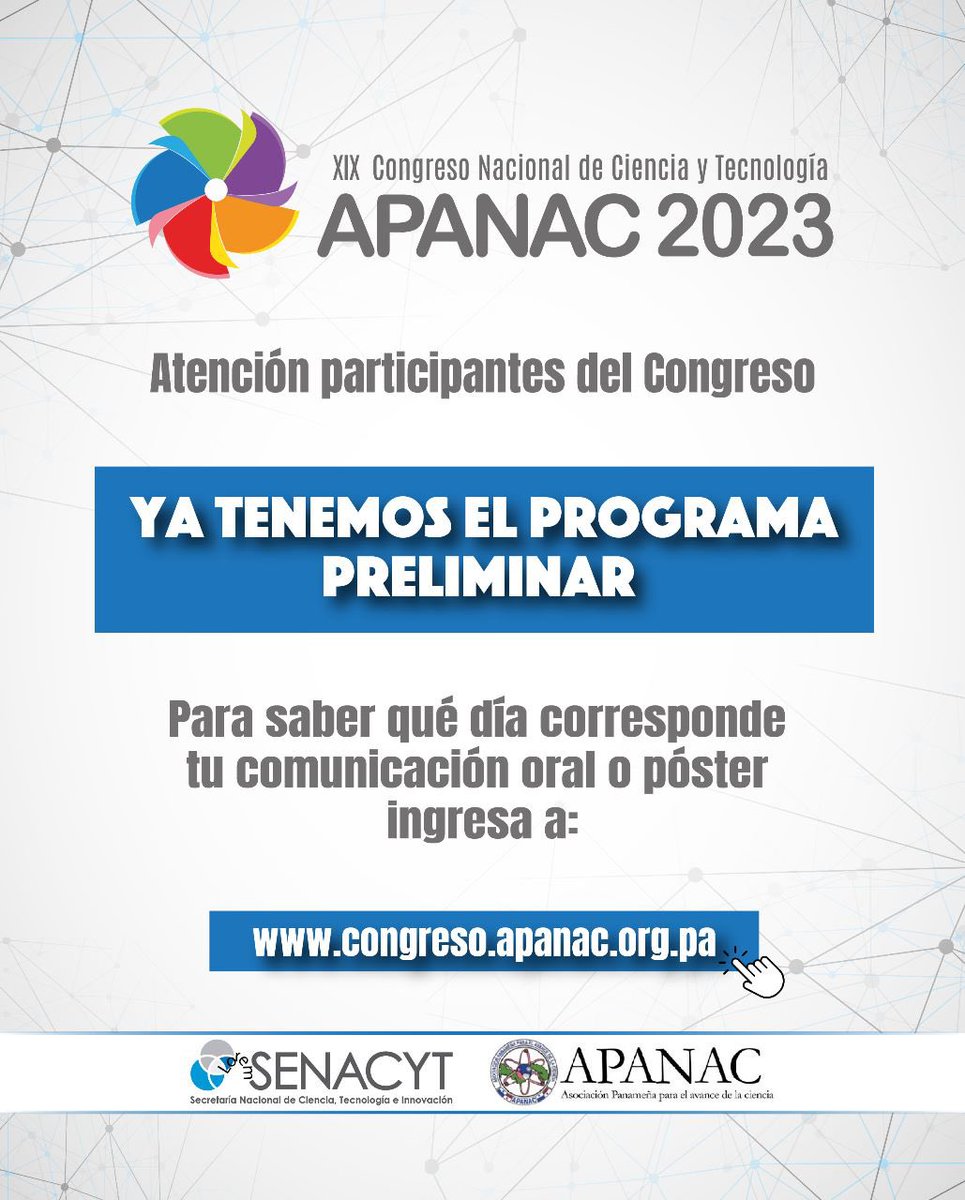 CongresoApanac's tweet photo. 📍Ingresa a la página web: https://t.co/Xs3Aqd8noR y descarga el programa preliminar del congreso. 

Utiliza tu código asignado de EasyChair para conocer la fecha y hora de su ponencia oral y póster. 

#CongresoApanac2023 https://t.co/FReVtBH7dk