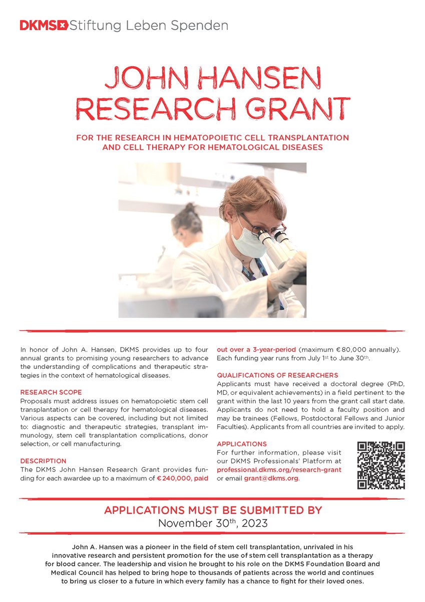 The application period for the DKMS John Hansen Research #Grant 2024 began!🎓 The DKMS Stiftung Leben Spenden supports up to four outstanding #research projects in the field of stem cell transplantation or cell therapy each year. Apply now!✏️ ➡️professional.dkms.org/news-events/re…