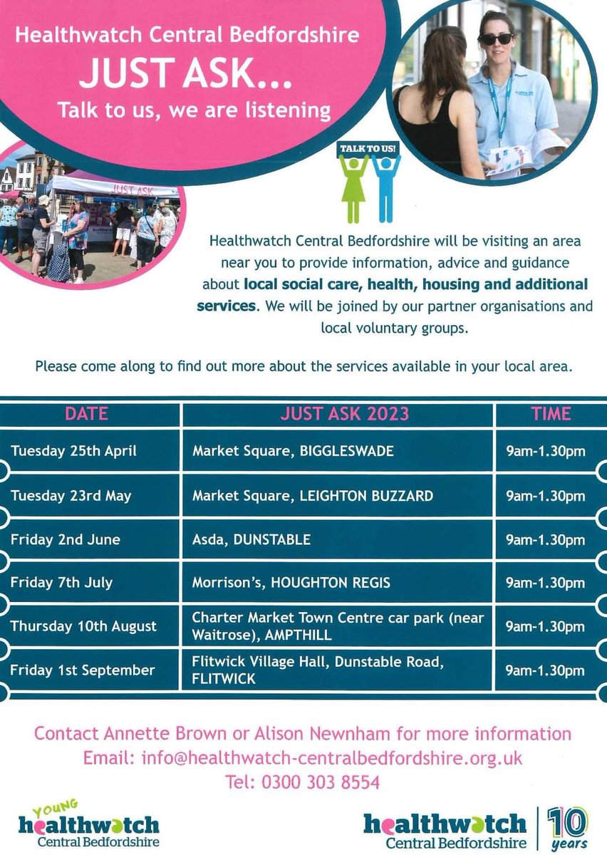 Healthwatch Central Bedfordshire - Just Ask Healthwatch Central Bedfordshire will be visiting Ampthill Charter Market this Thursday (10th August) from 9am to 1.30pm. They will be providing information, advice & guidance about local social care, health, housing & other services.