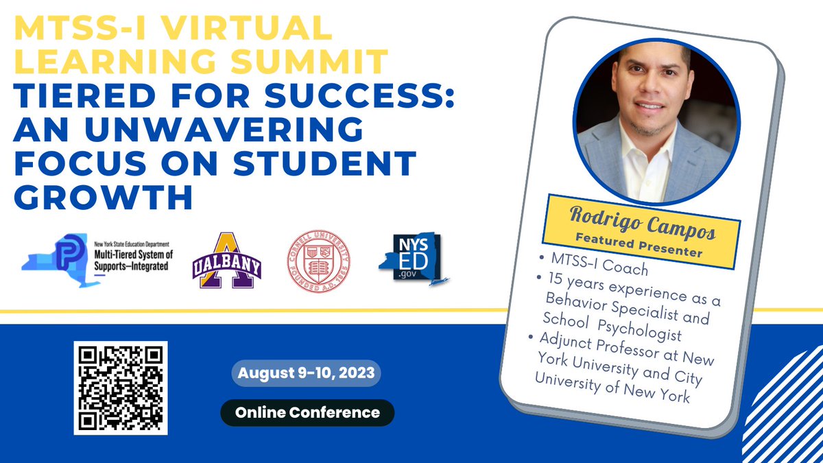 Reminder: NYSED’s MTSS-I Virtual Learning Summit is tomorrow! Learn how to assess your district’s capacity to implement and sustain a Multi-Tiered System of Supports with Dr. Rodrigo Campos. Visit osepartnership.org/mtss-i-summit-… for program details.